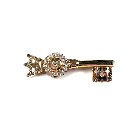 Vintage Gold Tone Rhinestone Royal Crowned Key Br… - image 1