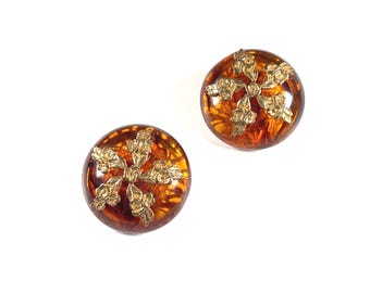 VTG Miriam Haskell Signierte Faux Amber Lucite runde Ohrclips Blumen Motive