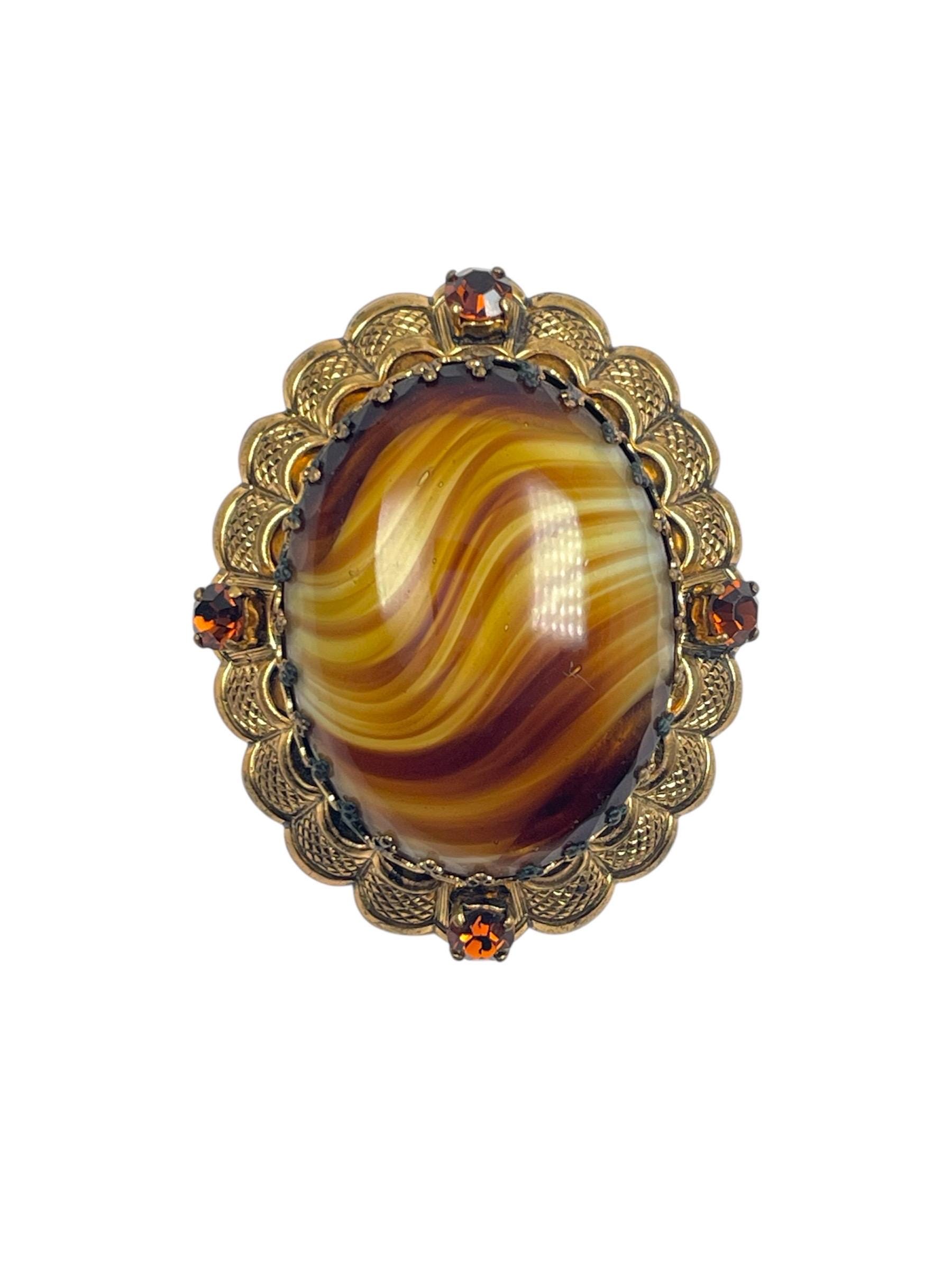 Western Germany braun Porphyr Glas oval Cabochon Messing filigran Strass Brosche Pin