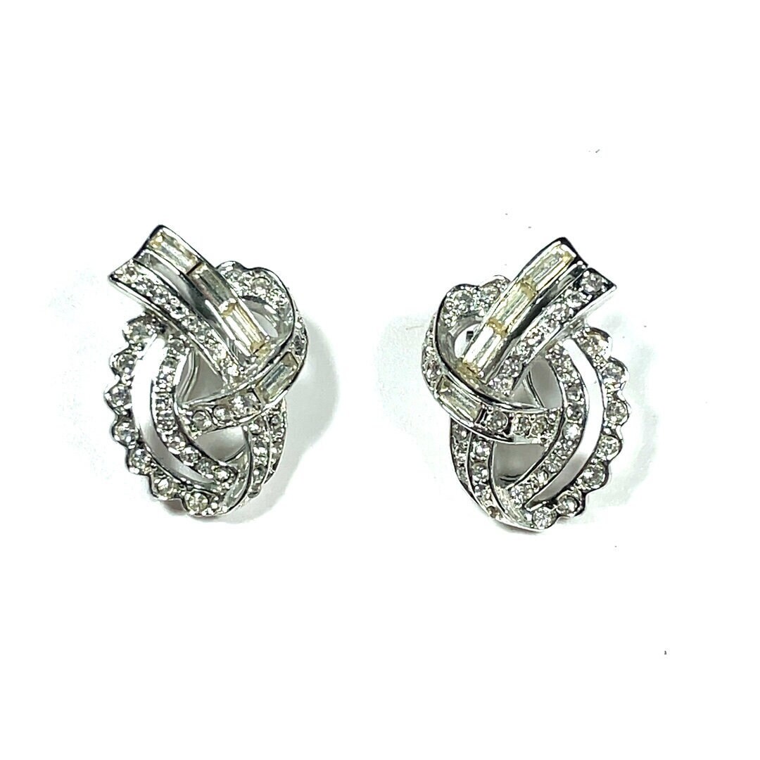 Vintage Crystal Rhinestone Round Baguette Knot Bow Retro Clip Earrings, Silver Tone Rhinestone Jewelry