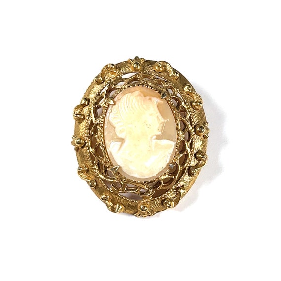 Broche Ancienne Camée Coquillage Portrait Miniature - Plaqué Or