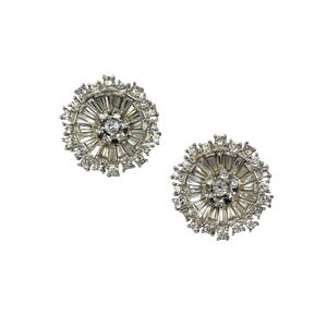 VTG Boucher Starburst Clip Earrings, Signed, Crystal Rhinestone Pave Keystone Round Cluster Designer Earrings