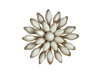 VTG Krone Trifari Weiß Marquise Blume Schneeflocke Vergoldet Strass Brosche Pin Kostüm Schmuck
