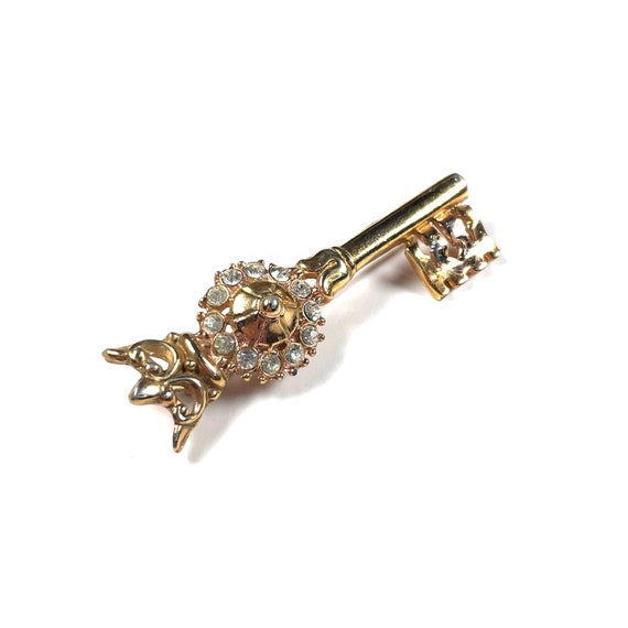 Vintage Gold Tone Rhinestone Royal Crowned Key Br… - image 2