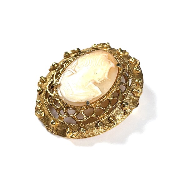 Broche Ancienne Camée Coquillage Portrait Miniature - Plaqué Or