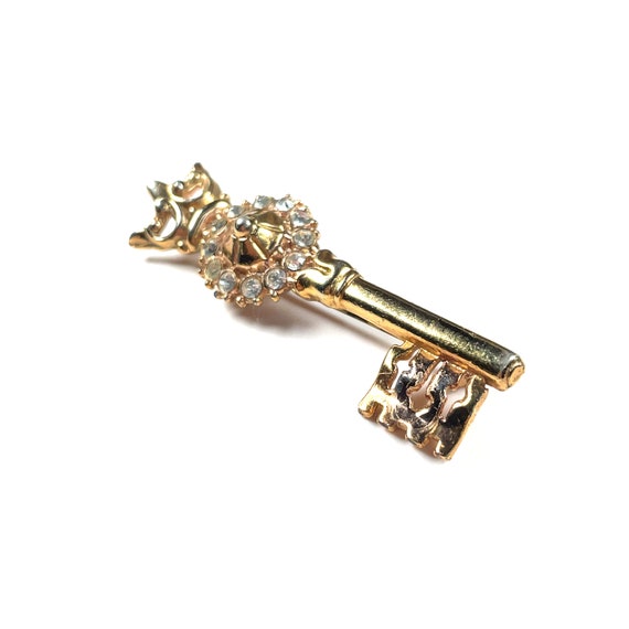 Vintage Gold Tone Rhinestone Royal Crowned Key Br… - image 3