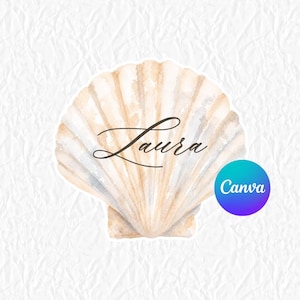 Peut inclure: Une illustration à l'aquarelle d'un coquillage en forme d'éventail dans des tons beige et crème avec le prénom Laura écrit en écriture cursive noire au centre. Un logo circulaire bleu et violet avec le texte blanc Canva est présent.
