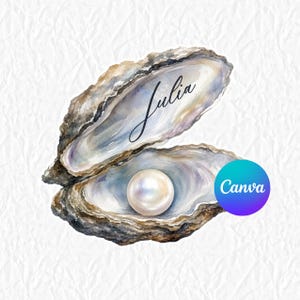 Puede incluir: Una ilustración en acuarela de una ostra abierta que contiene una perla blanca iridiscente. El interior de la concha presenta el nombre Julia escrito en letra cursiva negra. Se observa un logotipo circular de Canva azul y morado.