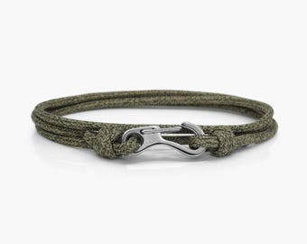Forest Green Rope & Silver Carabiner Climbing Bracelet, Minimalist Stainless Steel Gift for Climbers