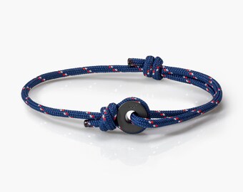 Navy Stripe & Black Sailing Thimble Bracelet - Durable Black Rope for Sailing Enthusiasts