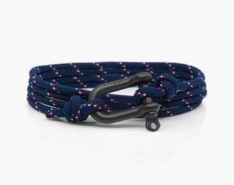 Navy Stripe & Black Shackle Bracelet, Sailing Rope Bracelet, Mens Bracelet and Womens , Nautical Jewellery.