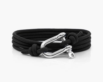 Black & Silver Shackle Bracelet, Sailing Rope Bracelet, Mens Bracelet, Nautical Jewellery.