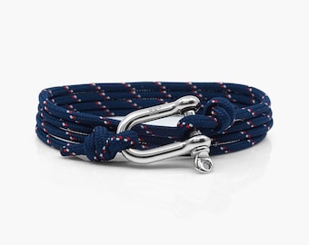 Bracelet manille rayé bleu marine et argent, bracelet corde à voile, bracelet pour homme et femme, bijoux nautiques.