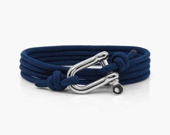 Bracelet manille bleu marine et argent, bracelet corde à voile, bracelet pour homme, bijoux nautiques.