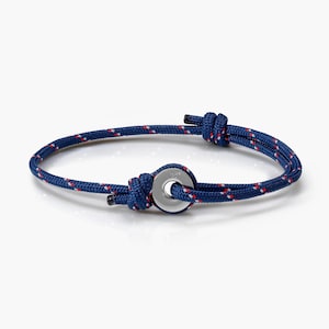 Navy Stripe & Silver Sailing Thimble Bracelet - Durable Black Rope for Sailing Enthusiasts