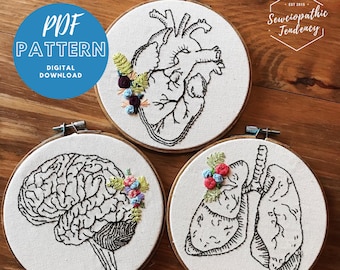 Anatomical Embroidery Patterns - Heart, Lungs, and Brain - PDF Download