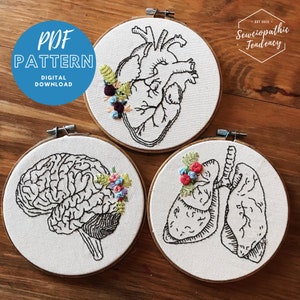 Anatomical Embroidery Patterns - Heart, Lungs, and Brain - PDF Download
