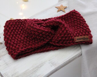 Stirnband gestrickt bordeaux rot Damen und Mädchen Schleife Twist