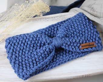 Stirnband gestrickt blau Damen und Mädchen Schleife