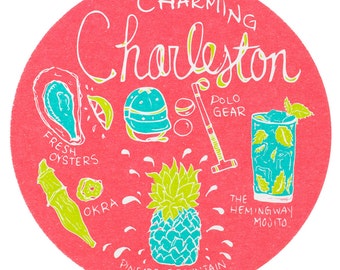 Charmigt Charleston-underläggsset, återanvändbara underlägg, Charleston, bordsskiva, fest, mat, resor, presentidé, sydstaterna, South Carolina