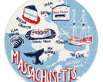 Massachusetts Coaster Set, Cape Cod, Reusable, New Bedford, State Coaster, Travel, Tabletop, Party, Wanderlust, Nantucket Sound, Salem,