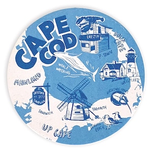May include: A blue and white illustrated map of Cape Cod, Massachusetts. The map shows various locations on the Cape, including Provincetown, Wellfleet, Yarmouth, and Sandwich. The map also includes illustrations of a whale, a lighthouse, a windmill, and a lobster.