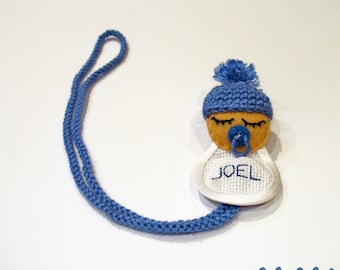 Crochet pacifier holder with custom name and sleeping baby