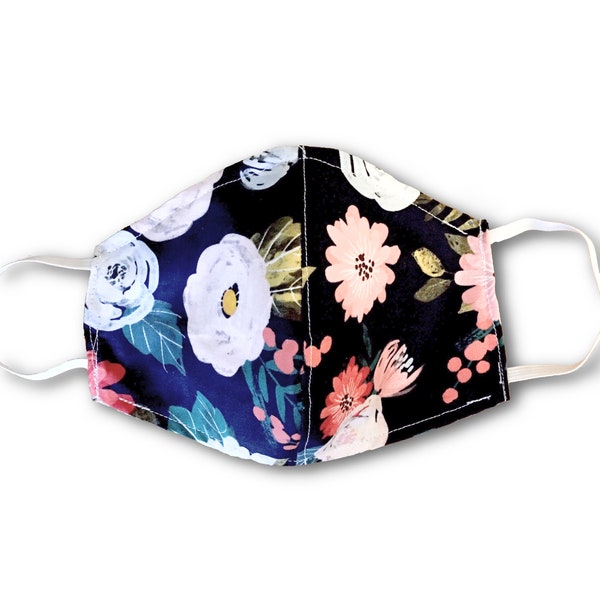 Fabric face mask with filter pocket and nose wire - Navy Peony - washable, re-usable - allergy / pollution / surgical mask cover