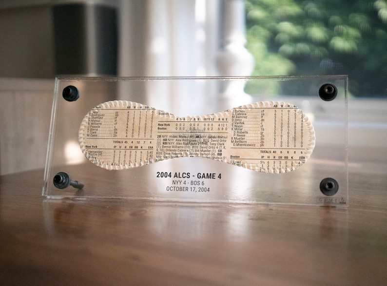 A Unique Custom Baseball Gift Baseball Boxscore Printed on Restored Baseball Leather