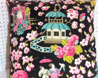 Kaufmann Summer Palace Asian Toile Pillow Cover in Pinks & Teals with Chocolate Brown Back and choice of colors for Back YKK Invisible Zippe