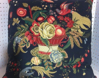 Beautiful Flowers and Bird Handmade Fabric Pillow Cover with Back in Black with Designer Corners and YKK Invisible Zipper Limited