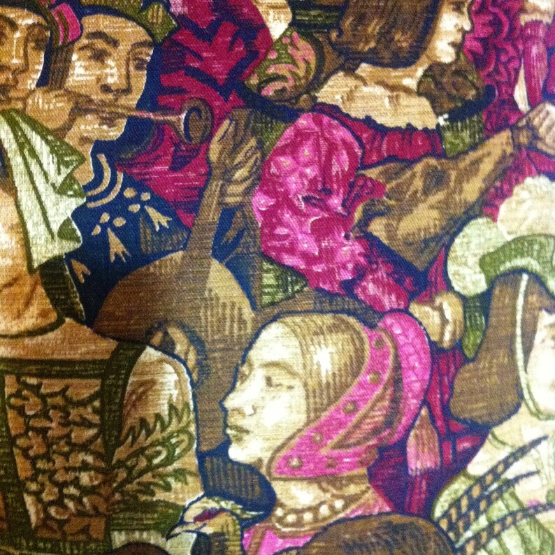 May include: A tapestry featuring a medieval scene with figures in elaborate clothing. The tapestry is woven with rich colors, including gold, brown, red, and pink. The figures are depicted in a variety of poses, some standing, some sitting, and some kneeling. The tapestry is a beautiful example of medieval art.