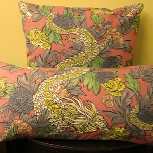 Robert Allen Dwell Studios  Ming Dragon Pillow Cover in beautiful persimmon  with amazing gold waffle weave back in several sizes