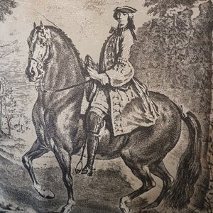 May include: A black and white engraving of a man riding a horse. The man is wearing a long coat and a hat. The horse is in motion and has a long tail.