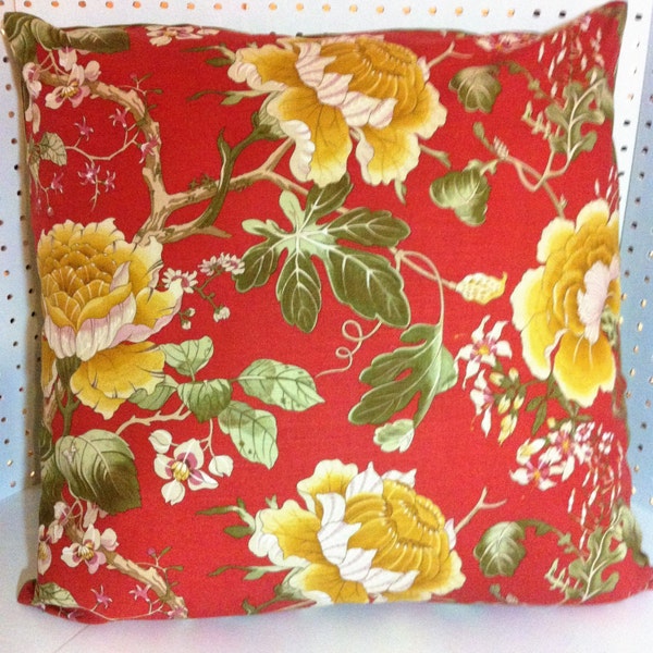 Very Rare Cowtan & Tout Designer Floral "Mikado"  Pillow Cover in Red, Gold, and Sage Green in Various Sizes with Sage Green Designer Back