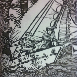 May include: Black and white illustration of two people sailing on a boat. The boat is surrounded by waves and palm trees. The people are wearing sailor hats and striped shirts.