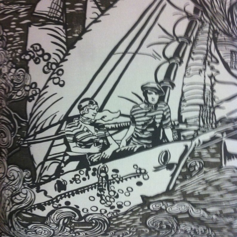 May include: Black and white illustration of two people sailing on a boat. The boat is surrounded by waves and palm trees. The people are wearing sailor hats and striped shirts.