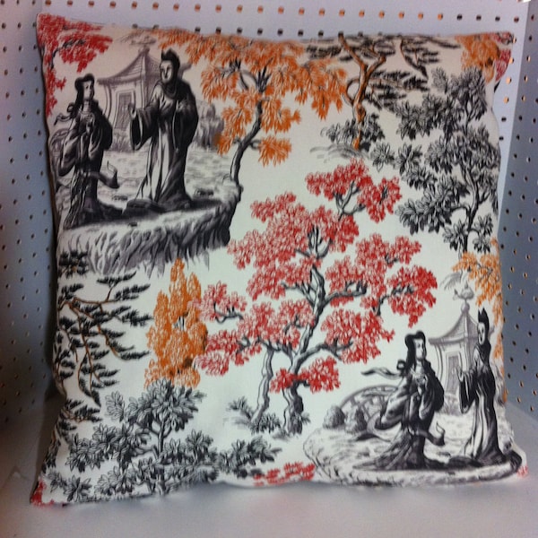 Beautiful and Unusual Asian Toile Pattered  Pillow Cover off white with black orange/reds - Toss Pillow - Throw Pillow - Lumbar Pillow 