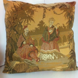 26 x 26 &quot;Schöner Gobelin handgemachte Kissenbezug, Toss Kissen, Dekokissen, asiatisches Toile, orientalische Szene, Mann und Frau, Taupes mit Rot