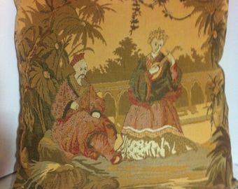 26 x 26" Beautiful tapestry Handmade Pillow cover, Toss Pillow, Throw Pillow, Asian Toile, Oriental Scene, Man and Woman, Taupes with Red