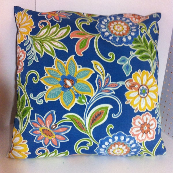 Adorable Whimsical Deep Royal and Multi-Color Floral Handmade Pillow Cover, Throw Pillow, Lumbar Pillow, Solarium a Division of Richloom