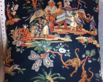 Bassett McNab Company Rajahstan Pattern Pillow Cover Asian Toile with Elephants, Monkeys, Camel - Lumbar Pillow - Toss Pillow - Throw Pillow