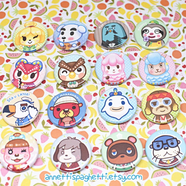 ACNL Buttons Set #1 , New Horizons & New Leaf Themed 1.25 Inch Pins, Isabelle, K.K. Slider, Brewster, Celeste, Video Game Button Set