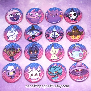 Ghost Friends Button Set, Handmade Halloween Video Game 1.25 Inch Pins, Ghastly, Haunter, Gengar, Litwick, Chandelure,  Pumpkaboo, Mimikyu