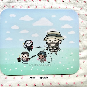 May include: A square mousepad featuring a cartoon illustration of four characters in a field under a blue sky with clouds. The characters are connected by a rope. The mousepad has the text "Annetti-Spaghetti".