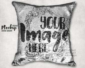 Download Free Silver sequin throw pillow sham mockup template |Add your own image and background PSD Template