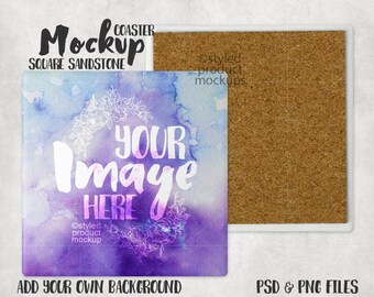 Download Free Square sandstone coaster with cork back mockup with front and back view PSD Template