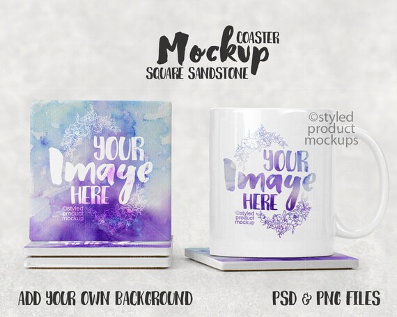 Square Sandstone Coaster Mockup With Mug Add Your