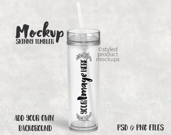 Download Plastic skinny tumbler with lid and straw template mockup | Add your own art and background