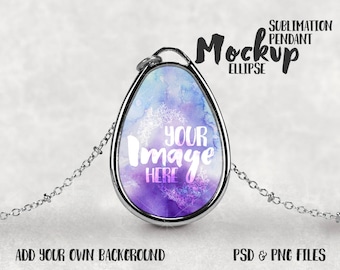 Dye Sublimation ellipse shaped pendant mockup template with chain | Add your own art and background